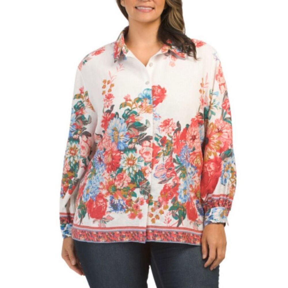 Cynthia Rowley‎ White Red Floral Linen Blouse Shirt Long Slv Bohemian Size 2X